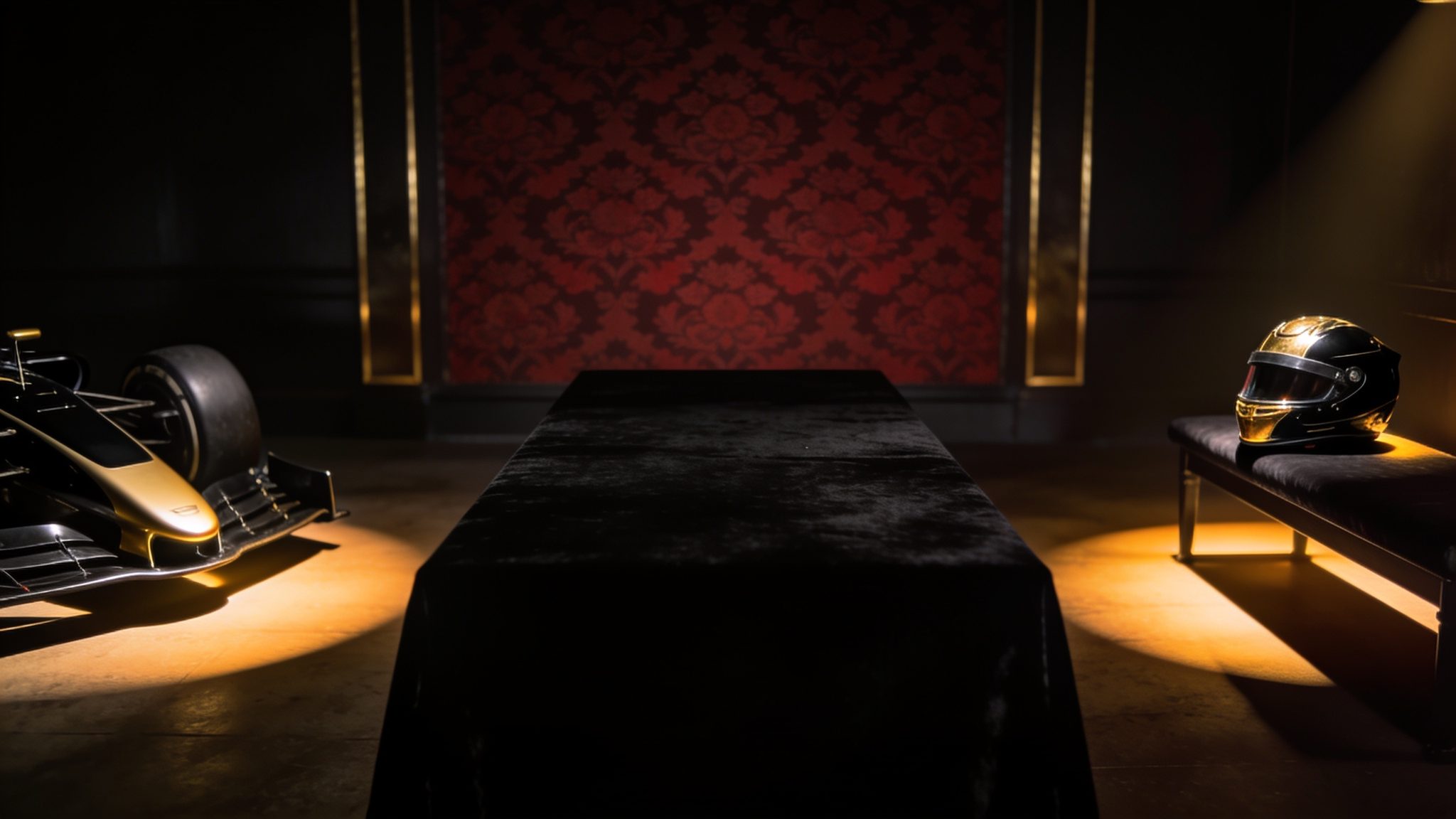 Sponsorship space: a black and gold race car and a gold-visored helmet across a black velvet table