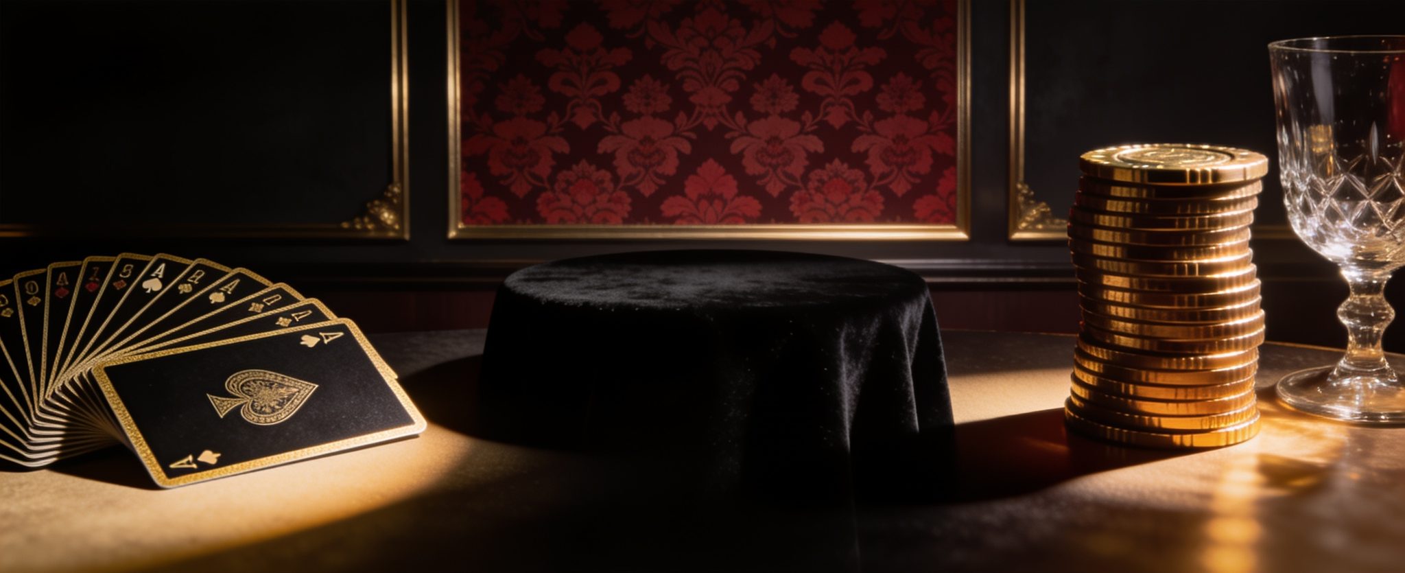 Sponsorship space: black and gold playing cards and a stack of gold chips across a black velvet table