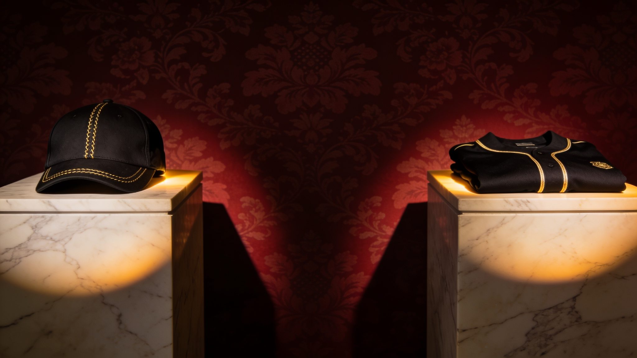 Sponsorship space: a black cap with gold stitching and a folded black jersey on marble plinths