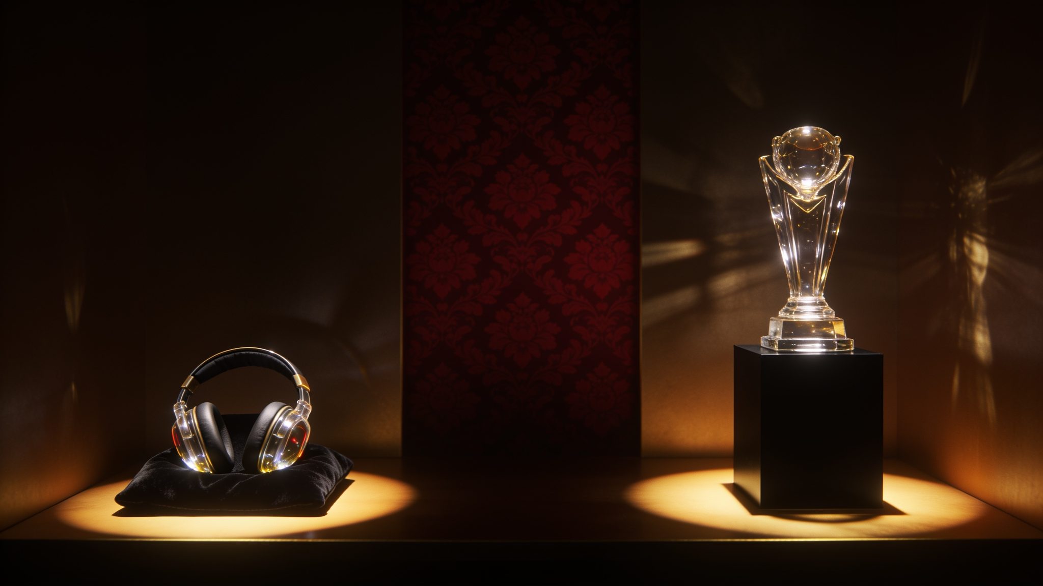 Sponsorship space: a liquid-glass headset and a liquid-glass trophy under warm light